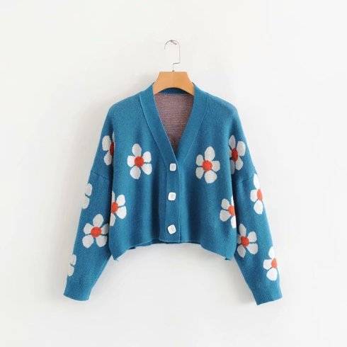 AOEMQ Women cardigan Female Sweaters Cute Light Green Symbol Life Vintage Sweater Spring Sweaters with Flower Print Women Tops