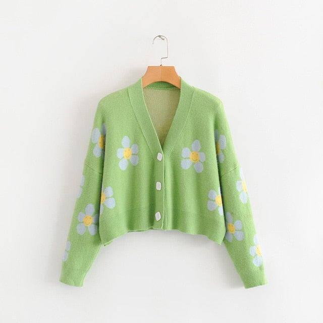 AOEMQ Women cardigan Female Sweaters Cute Light Green Symbol Life Vintage Sweater Spring Sweaters with Flower Print Women Tops