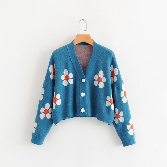 AOEMQ Women cardigan Female Sweaters Cute Light Green Symbol Life Vintage Sweater Spring Sweaters with Flower Print Women Tops