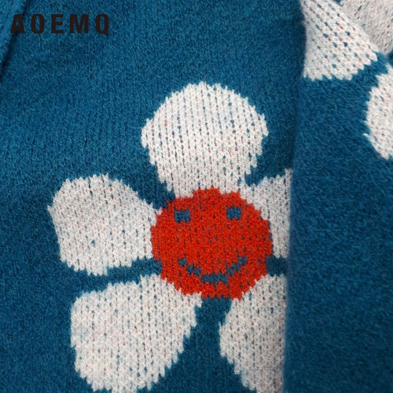 AOEMQ Women cardigan Female Sweaters Cute Light Green Symbol Life Vintage Sweater Spring Sweaters with Flower Print Women Tops