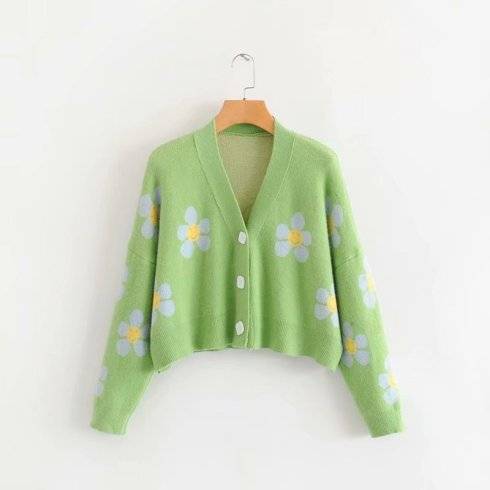 AOEMQ Women cardigan Female Sweaters Cute Light Green Symbol Life Vintage Sweater Spring Sweaters with Flower Print Women Tops