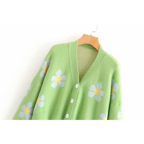 AOEMQ Women cardigan Female Sweaters Cute Light Green Symbol Life Vintage Sweater Spring Sweaters with Flower Print Women Tops